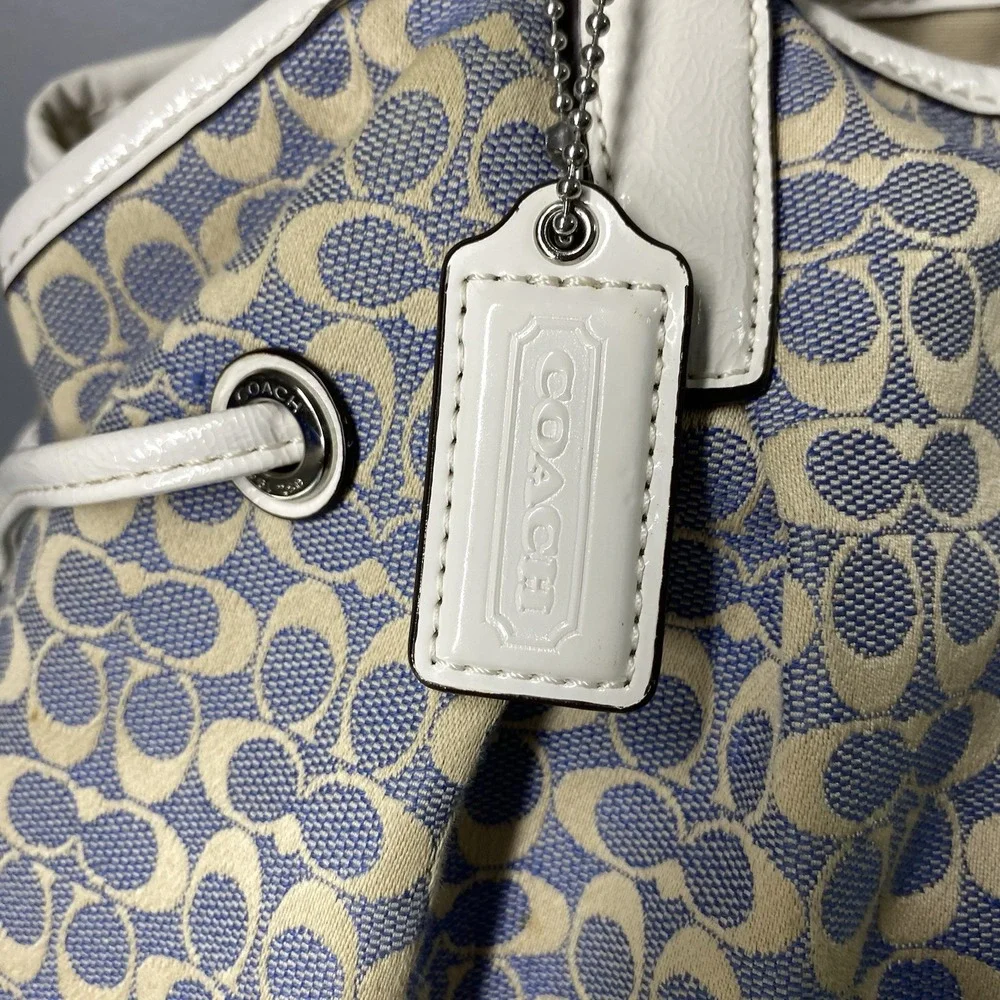 COACH‎ SIGNATURE Jacquard Drawstring Purse matching Wallet Blue&Cream See Straps